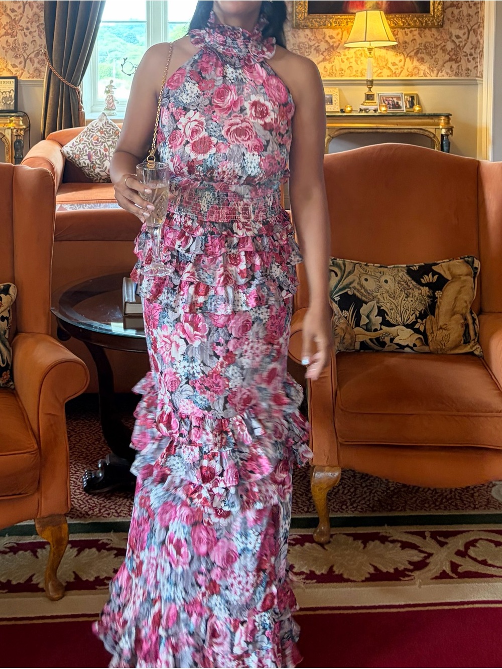Elliatt Pink Floral Halter Ruffle Maxi Dress